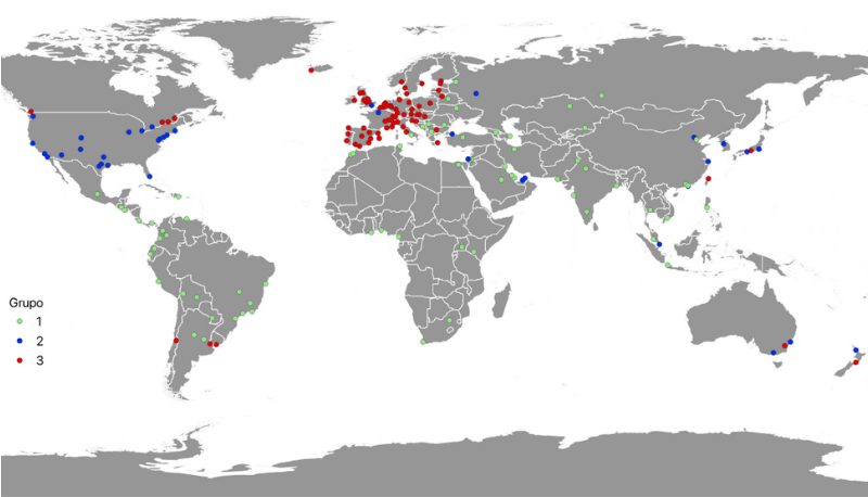 Mapa mundial de las tres categorías de ciudades