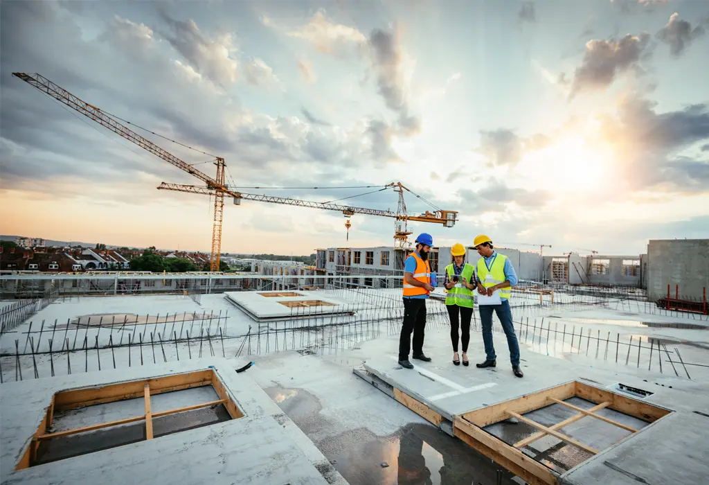 Equipo de obreros en un edificio en construcción