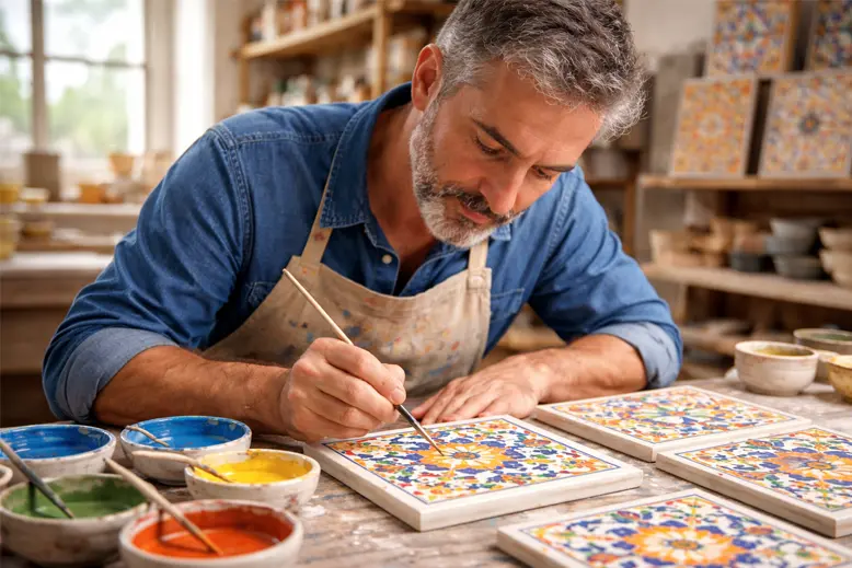 Artesano pintando baldosas en su taller