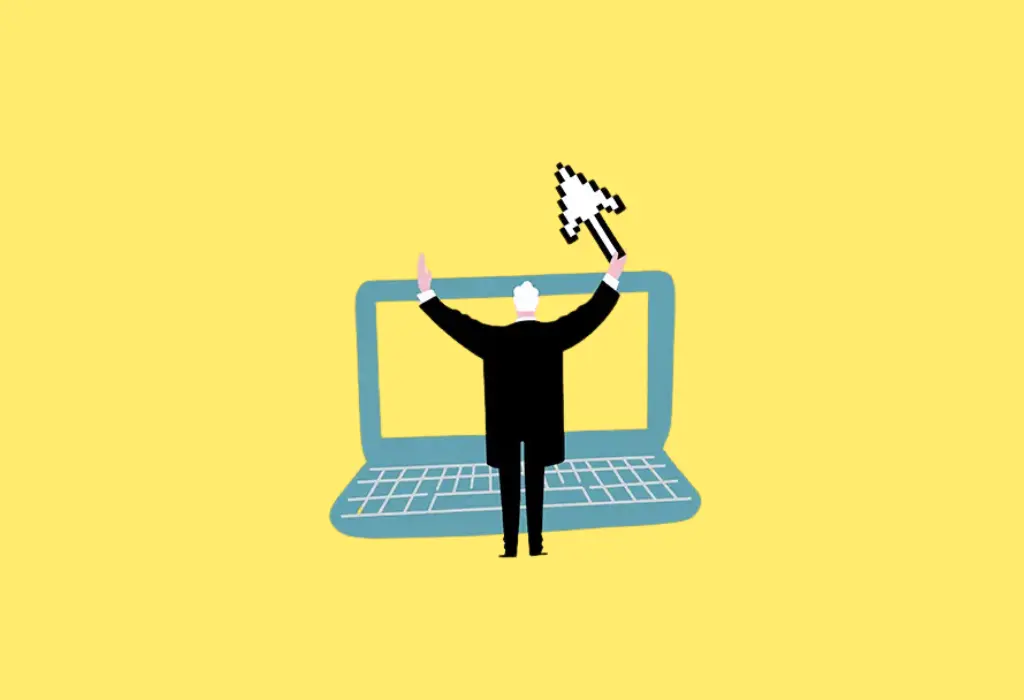 Ilustración de un director de orquesta frente a un ordenador portátil que sostiene un cursor por batuta.