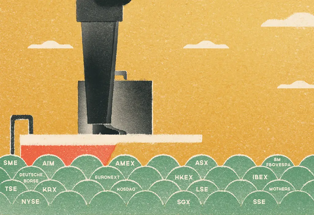 Ilustración a color de un hombre de negocios sobre un trampolín a punto de tirarse al agua, metáfora de una empresa antes de salir a Bolsa
