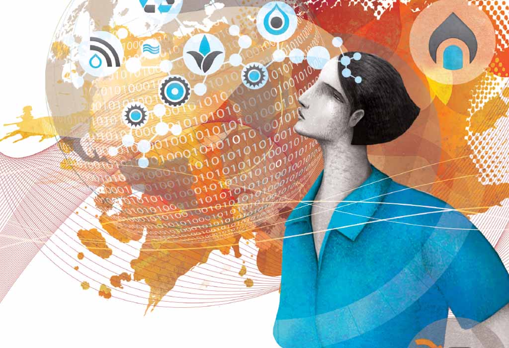Ilustration of a woman on a colourful background featuring some icons and a world globe.