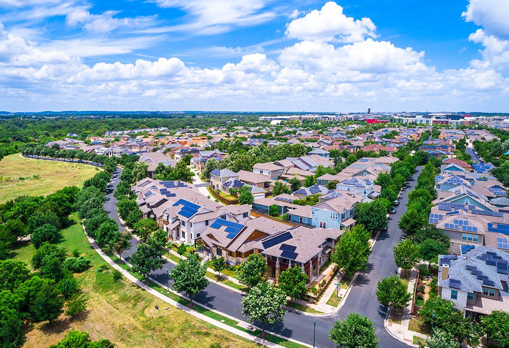 Residential area with solar panels in Austin, Texas