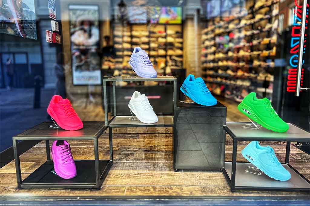 Multicolored sneakers in the shop window.