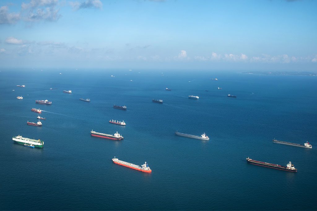 Cargo ships awaiting passage through the Panama Canal.
