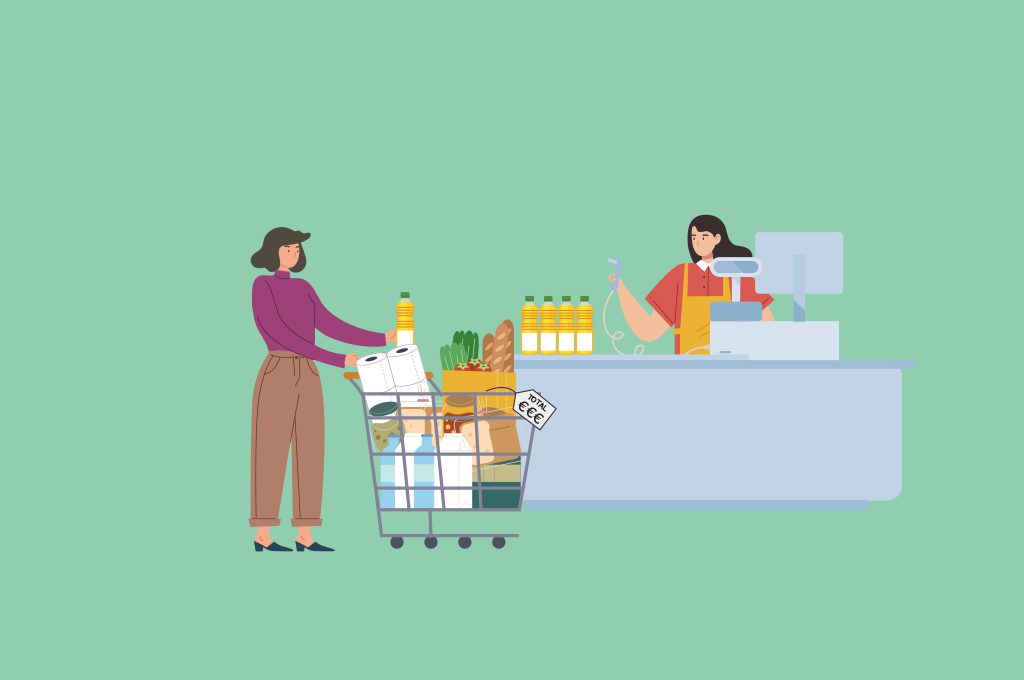 Woman in line at a supermarket checkout counter.