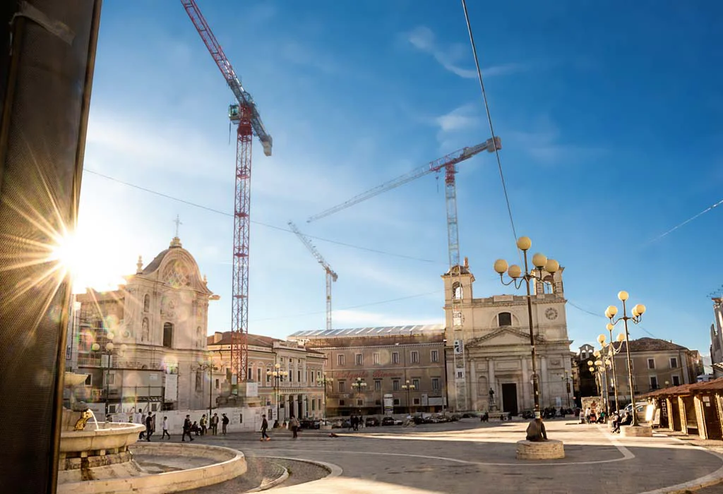 Cranes in the Piazza del Mercato l'Aquila, after the 2009 earthquake.