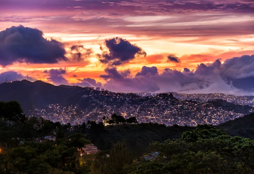 View of a lit city in the twilight hours.